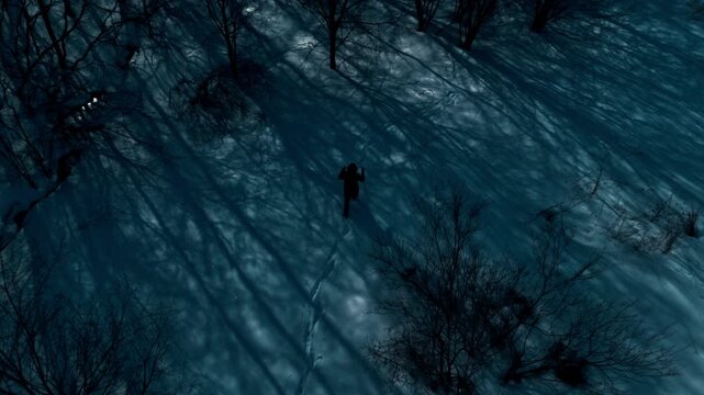 Drone footage of man walking alone through snowy forest at night. Concept of lost person in winter wilderness