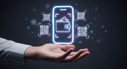 Hand Holding Holographic Smartphone Wallet Scanning QR Codes