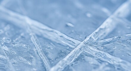 A stunning macro photograph capturing the intricate network of cracks and fissures on a frozen, clear blue ice surface.