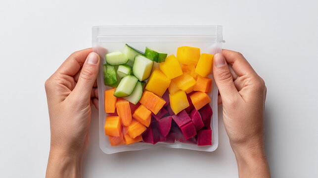 A reusable silicone food pouch is held with both hands, filled with an assortment of colorful, chopped fruits and vegetables. This eco-friendly kitchen accessory promotes organic living.