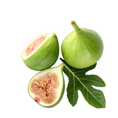 tow green fig and half with leaves top view on white background png