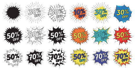 Collection of colorful abstract explosion shapes with discount percentages and off text for sale promotions