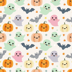 Whimsical Halloween-themed pattern featuring smiling pumpkins, ghosts, and bats.