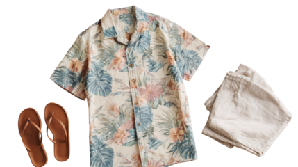 Flat lay of a men's beach outfit including Hawaiian shirt shorts sunglasses and flip flops transparent background