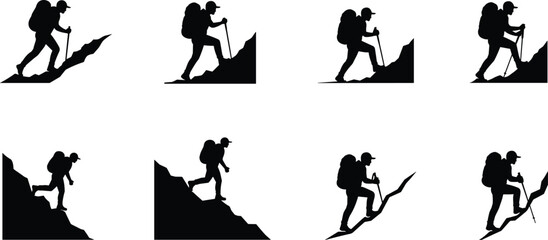 Hiker climbing mountain silhouette set showing backpacker ascending