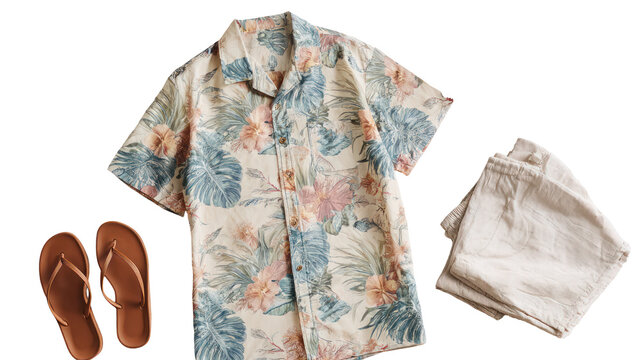 Flat lay of a men's beach outfit including Hawaiian shirt shorts sunglasses and flip flops transparent background - Powered by Adobe