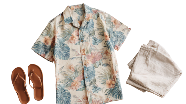 Flat lay of a men's beach outfit including Hawaiian shirt shorts sunglasses and flip flops transparent background