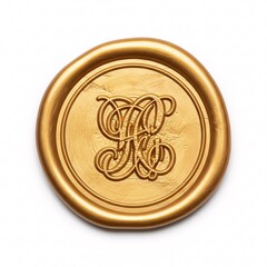 A golden wax seal with an embossed monogram, creating a vintage look,