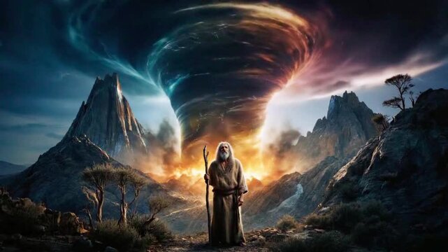 Moses lightning storm mountain dramatic sky biblical scene religion