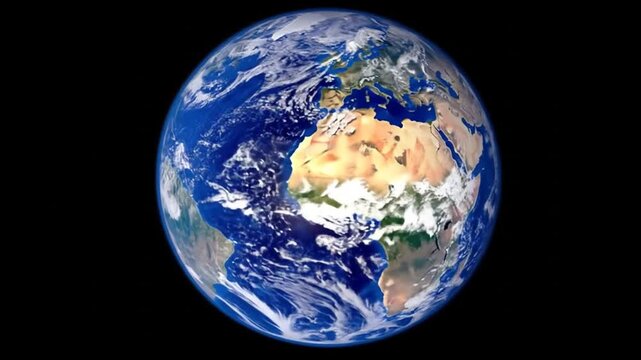 Earth Globe Spinning with Visible Continents Oceans and Clouds in a Black Background