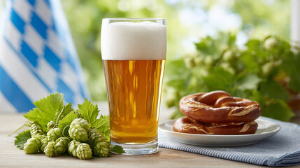 Refreshing beer served with soft pretzel and fresh hops in a Bavarian setting during a Oktoberfest
