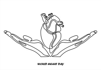 World Organ Donation Day with Heart for Transplantation, line art Hand holding human realistic liver, heart, kidneys, lungs. World Organ Donation Day