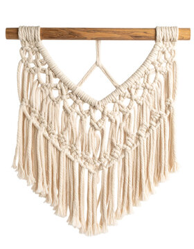 Handmade macrame wall hanging with wooden rod, decorative textile art for bohemian home decor, craft project on transparent background