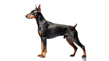 A purebred doberman pinscher dog standing proudly, showcasing its sleek black and tan coat, alert expression, and muscular build, isolated on transparent background