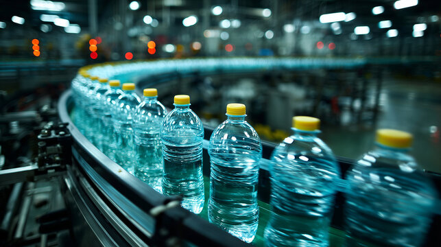 Bottling plant conveyor belt moving plastic bottles filled with water