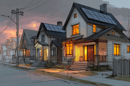 Suburban street embracing sustainable living with rooftop solar panels at sunset