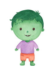 Little Green zombie boy. Watercolor hand drawn illustration of stylized Halloween character.