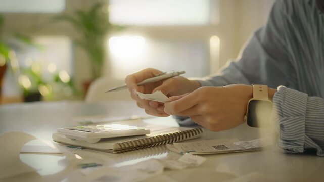 A person is sorting through receipts while using a calculator at a well-lit desk. The setting is a calm indoor environment with plants noticeably enhancing the atmosphere