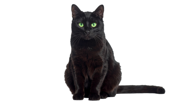 A photograph of an adult black cat sitting upright and looking straight at the camera. She has short, smooth fur and her eyes are bright green, creating a striking contrast with her black fur. The cat