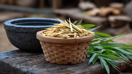 Obraz premium Bamboo Shoot in Wicker Basket with Stone Bowl on Wooden Surface Still Life