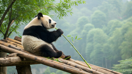 Obraz premium Cute Giant Panda, Sitting and Eating Bamboo, Forest Habitat, Misty Mountains