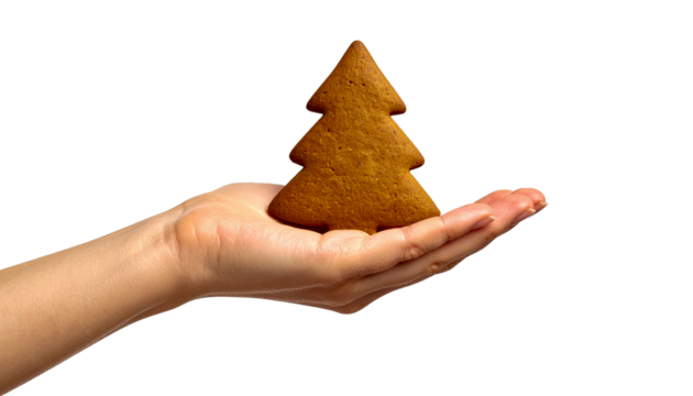 A close-up of an open palm holding a gingerbread cookie in the shape of a Christmas tree. The palm is positioned so that it appears to be offering or holding the cookie. The cookie is a golden brown c