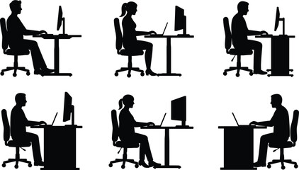 Office worker silhouettes using computers, male and female characters at desk