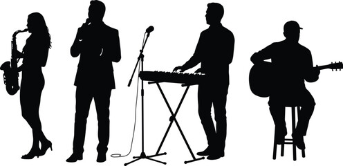 Musician silhouettes set, band performing with saxophone, singer, keyboard player