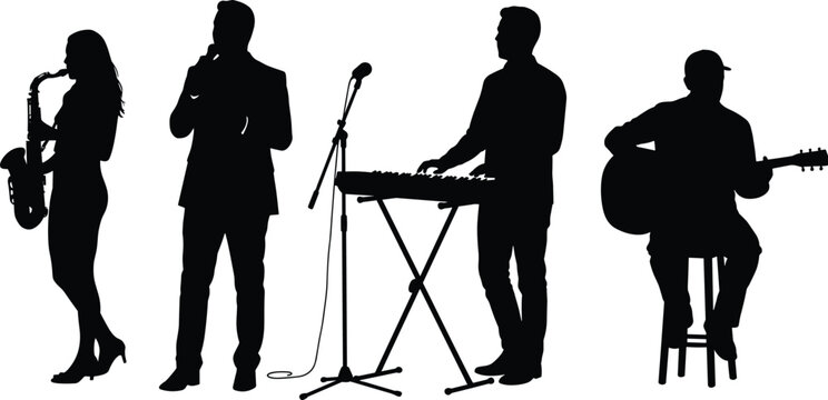 Musician silhouettes set, band performing with saxophone, singer, keyboard player