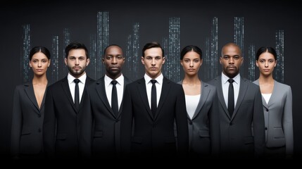 Business team of diverse professionals standing in a row with digital data streams in the background