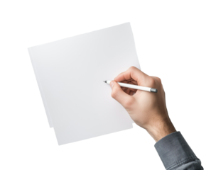 Hand writing on white sheet of paper with a pencil, cut out white background