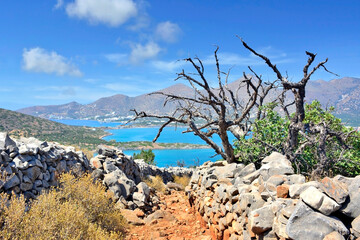 Typical landscape of mediterranean countries. Coastal hiking trail on Kolokytha peninsula near Elounda town, Crete, Greece