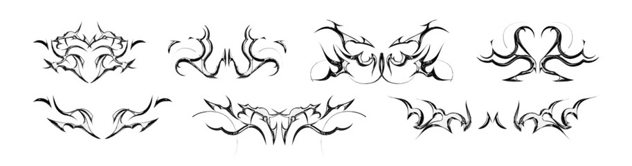 Tribal y2k metal tattoo collection with symmetrical gothic designs for alternative style and body art. Black flame ornaments with sharp edges and metalcore aesthetic. Vector decorative elements