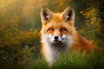 Cute Red Fox, Vulpes vulpes, fall forest. Beautiful animal in the nature habitat.
