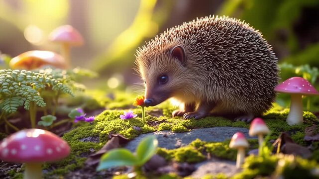 A whimsical hedgehog stands on a mossy stone in a sun-dappled forest glade