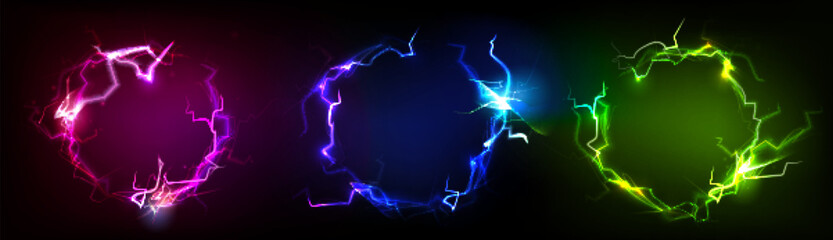 Vibrant electric effects with circle formations and bolt patterns for dynamic light displays or energy backgrounds with neon glow elements. Colorful lightning designs for modern digital projects.