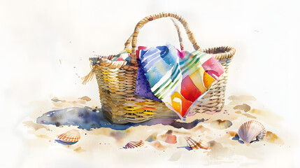 Naklejka premium watercolor painting of a woven beach tote bag
