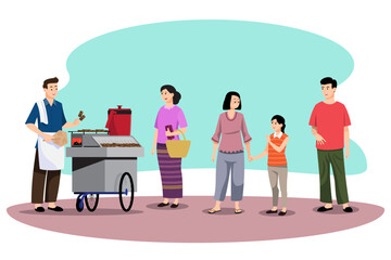 People waiting to buy street food character set in modern style vector illustration