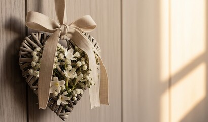 Delicate wicker heart wreath adorned with white flowers and a rustic ribbon, a charming decorative accent