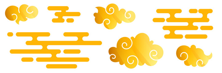 Golden cloud collection with swirling chinese patterns and japan style elements for oriental design - decorative sky shapes with curved lines, gradient yellow forms and eastern mystical atmosphere