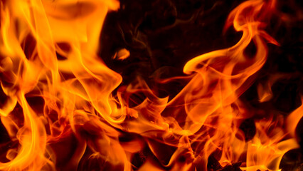 Fiery orange and yellow flames dance against a dark background, creating a dramatic and intense...