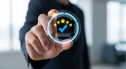 modern detailed professional high quality Person Holding Virtual Quality Assurance Badge