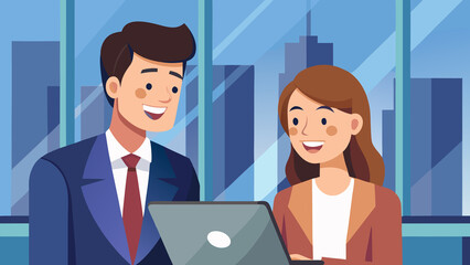 Business colleagues collaborate on a laptop in an office with city views