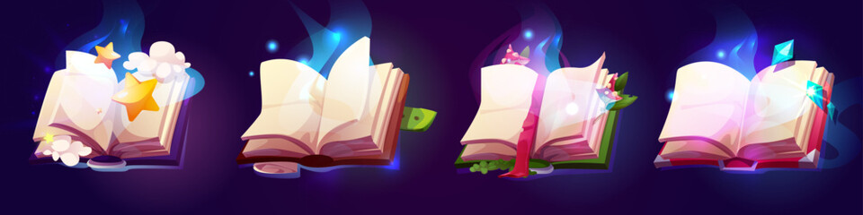 Magic book set for game assets - enchanted spellbooks with blue smoke, floating stars and clouds, open grimoires with mushrooms, crystals and glowing pages by fantasy design for wizard rpg ui.
