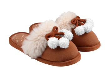 Pair of brown slippers with faux fur and pom-poms