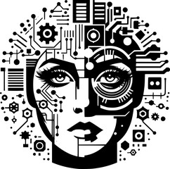 Minimalist black and white icon of a woman&rsquo;s face merged with tech elements, clean lines, ideal for logos, stickers, or modern digital use.