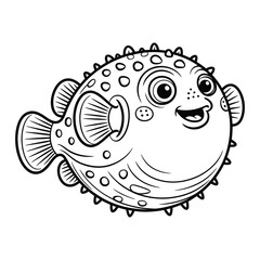 Pufferfish puffed up Coloring Page, Vector, Illustration, Icon, Outline, Line Art, Silhouette, White Background.
