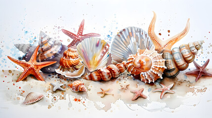 Obraz premium watercolor painting of assorted seashells
