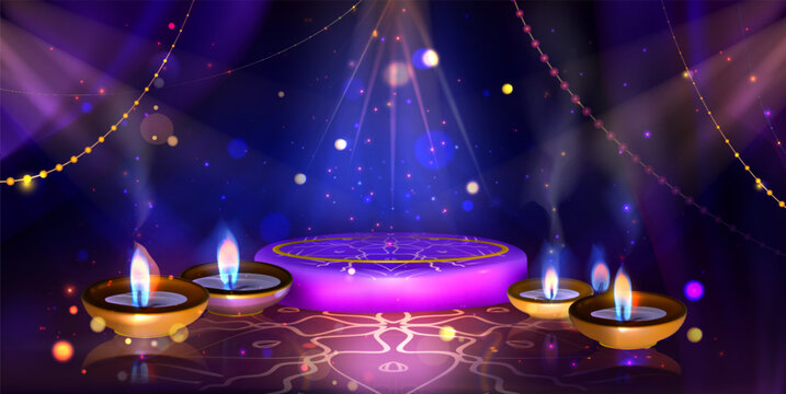 Diwali scene with glowing purple platform, golden oil lanterns burning blue flames, bokeh magical sparkles on dark background - spiritual atmosphere for Indian festival of lights cards. - Powered by Adobe