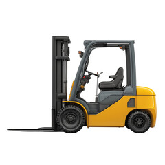 Forklift positioned in a warehouse ready for loading and unloading operations during daytime hours. PNG image, transparent background